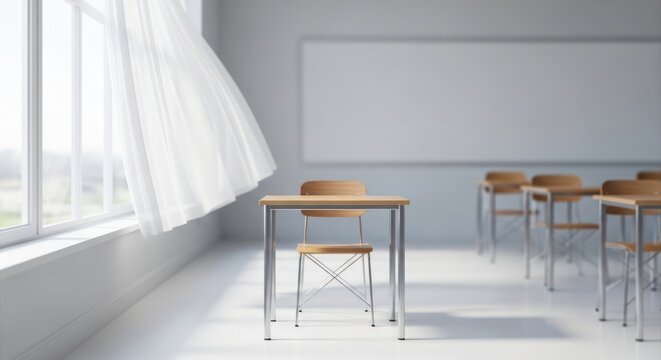 empty classroom with desks and chairs