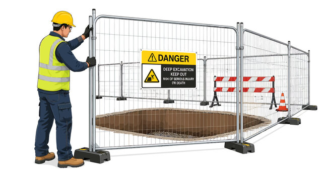 Construction worker inspects safety barrier around a dangerous open hole.