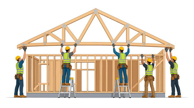 Construction workers assembling wooden frame of a house, teamwork concept.