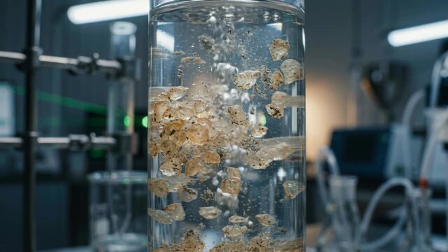 Water purification chemistry green lab filtration of suspended particles in glass cylinder column and jar showing sediment suspension experiment