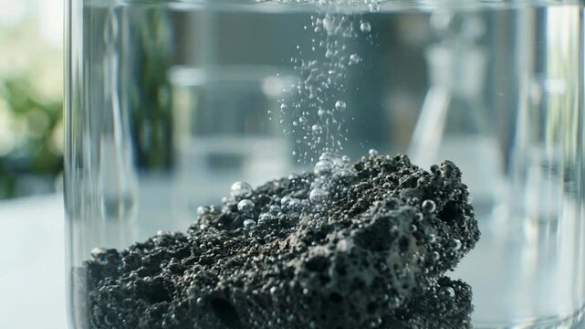 Water purification chemistry green mineral rock glass jar lab beaker showing bubbling oxygen water interaction natural filtration experiment