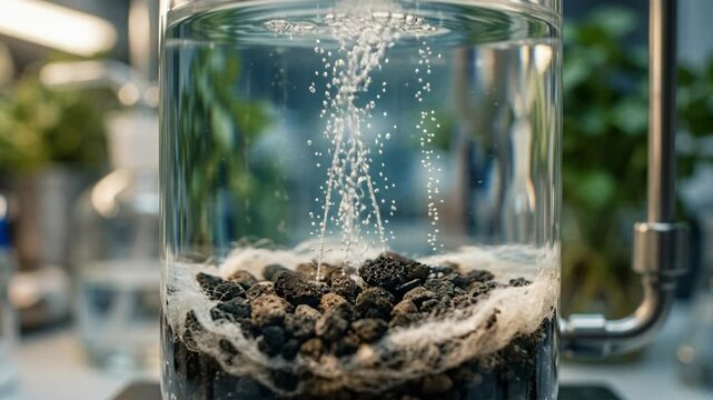 Water purification chemistry green laboratory filter activated rock and fibrous media bubbling aeration filtration creating clear fresh water