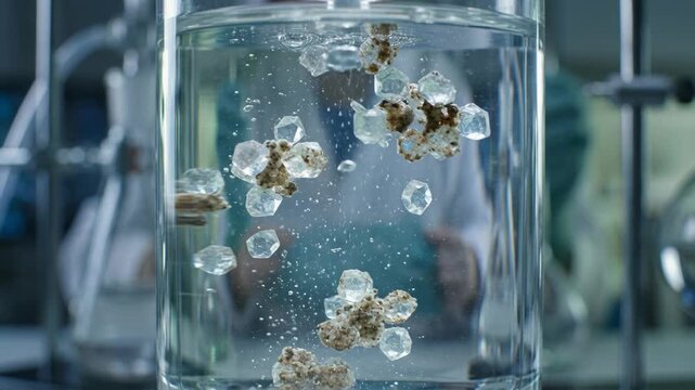 Clean laboratory water purification chemistry green chemistry crystal mineral particle clusters suspended clear solution serene scientific lab scene
