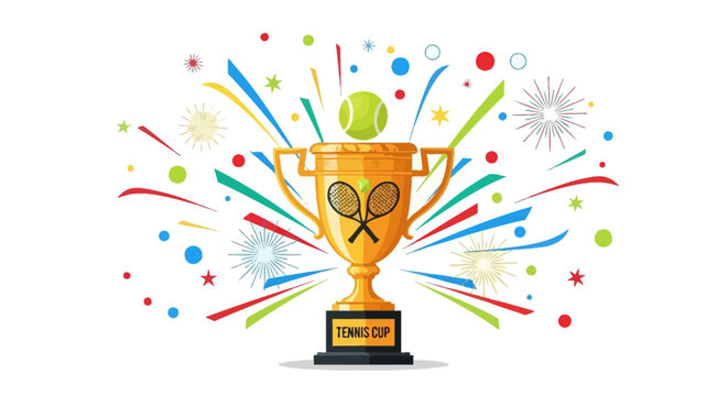 Golden Tennis Trophy with Rackets, Ball, and Confetti Celebration