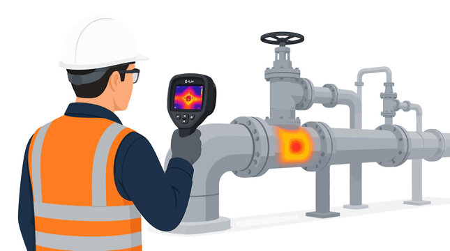 Engineer using thermal imaging camera to inspect pipeline for leaks and issues.