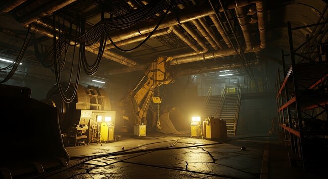 Navigating the complex dark industrial landscape with dramatic warm lighting illuminating the challenging path ahead symbolizing ambitious career growth and strategic professional development