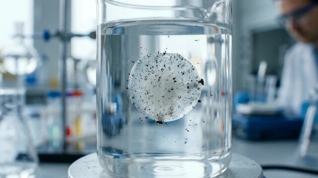 Water purification chemistry green filter disk floating laboratory beaker showing microplastic removal and scientific testing for cleaner water with