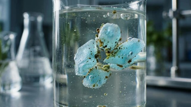 Blue water purification chemistry experiment green lab beaker showing foam particle bubbles and blue polymer beads dissolving clear solution