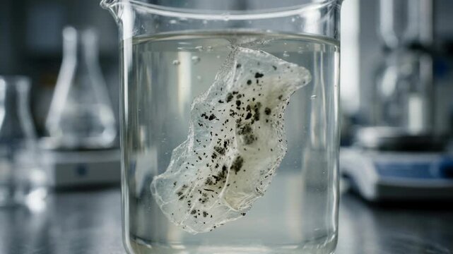 Water purification chemistry green chemistry experiment showing membrane filter removing microplastic debris from transparent laboratory beaker