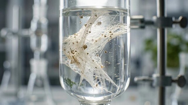 Green water purification chemistry membrane filtration capturing microplastic particle and sediment laboratory glass vessel experiment showcasing
