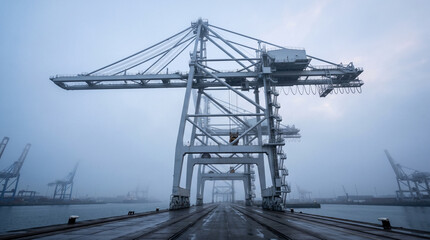 Fototapeta premium Seaport Container Bridge Crane Towering Over Empty Quay With Clean Steel Lattice Industrial Precision