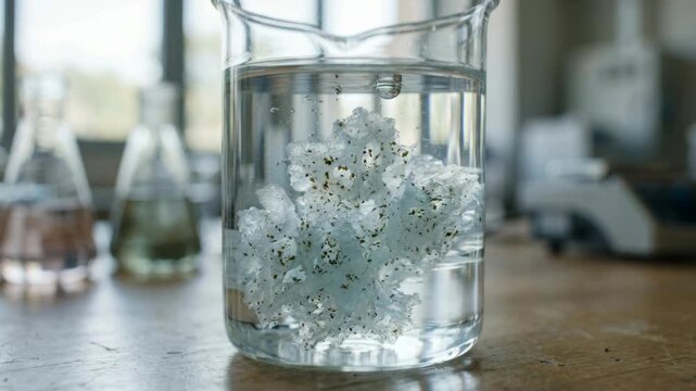 White crystalline sample dissolving water purification chemistry green laboratory beaker solution. crystalline beaker experiment showing dissolved