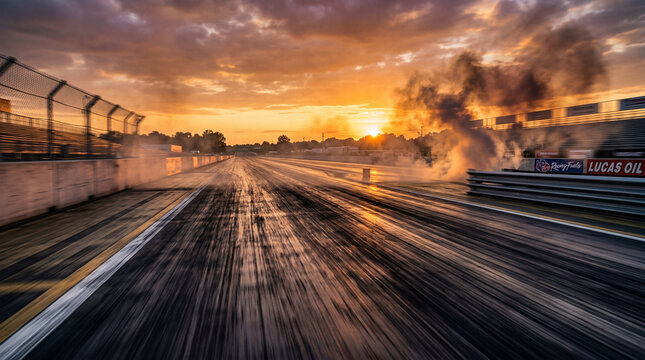 Hyperrealistic Drag Strip Asphalt with Tire Smoke Golden Light and High Speed Racing Energy