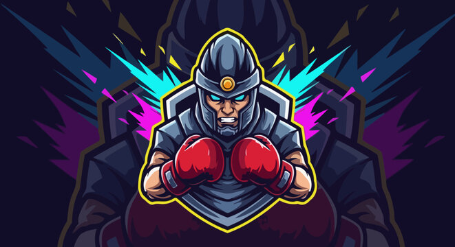 A fierce warrior in boxing gloves and a helmet, ready for combat with glowing blue eyes and a determined expression, set against a dark, energetic background.