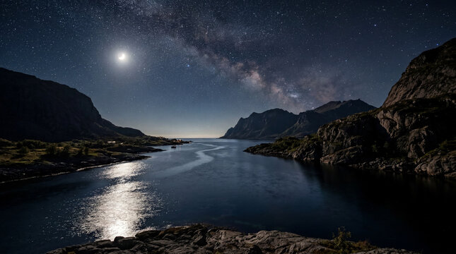 Moonlit Sea Strait Under Clear Star Rich Sky Creating Serene Coastal Nightscape Wall Art