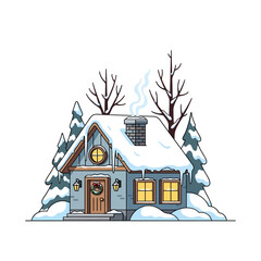 Cozy Winter Cottage with Snow, Christmas Wreath, and Smoke from Chimney © Gudang Garam