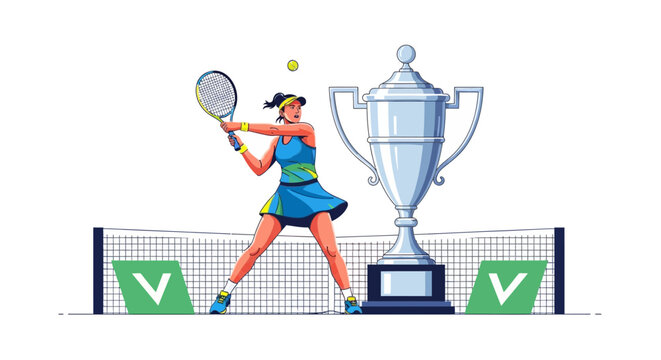 Woman tennis player hitting ball near trophy, winning championship concept