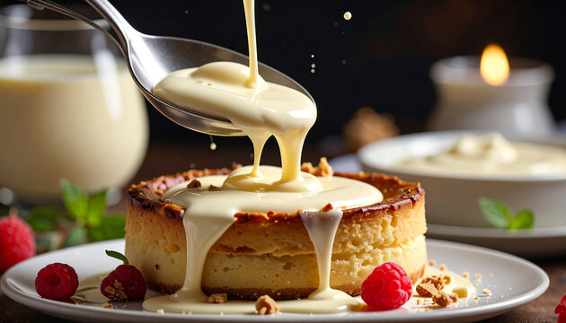 Sweet cheesecake topped with custard