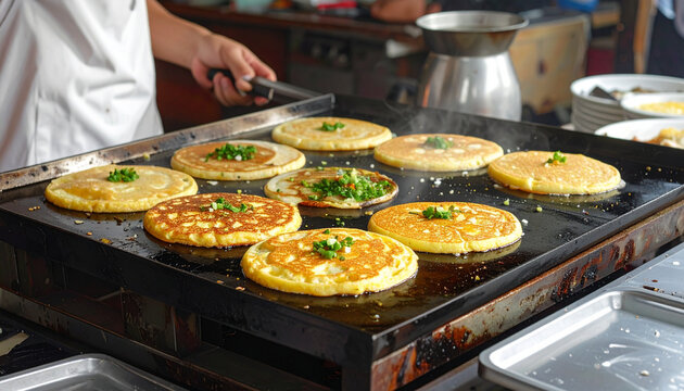 Chef cooking delicious savory pancakes