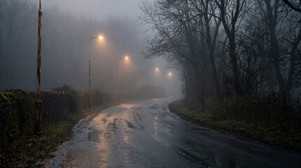 Naklejka premium Foggy Backroad With Broken Street Lamps And Wet Reflections Creating Atmospheric Cinematic Night Scene