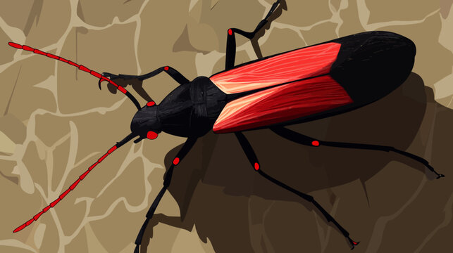 Large black beetle with red elytra and long red-tipped antennae on rocky ground