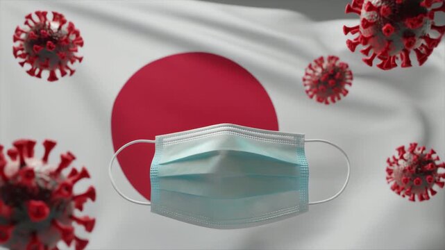 日本国旗を背にした医療用マスクとウイルス粒子の感染予防イメージ