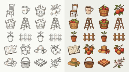 Collection of hand-drawn farm and garden icons in both sketch and color versions. © renender