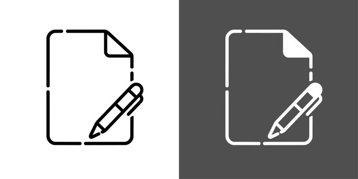 書類にペンで記入するモノクロ線画アイコン
