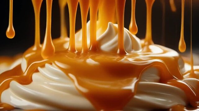 Macro video of molten caramel droplets falling vertically like a golden shower of liquid silk, landing on smooth cream with vibrant highlights, professional food studio setup