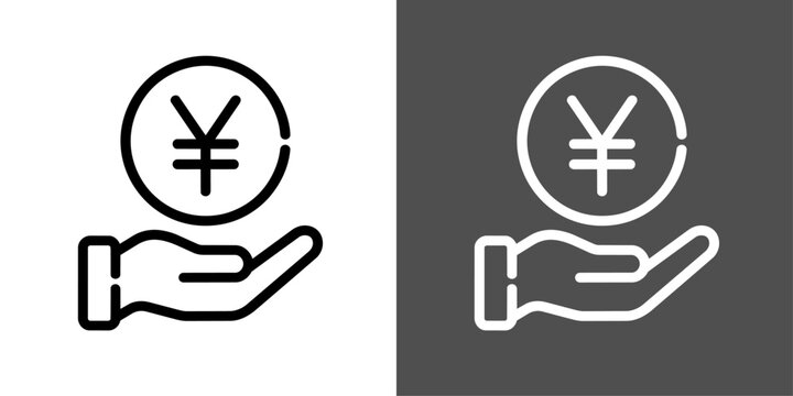円マークを受け取る手のモノクロ線画アイコン