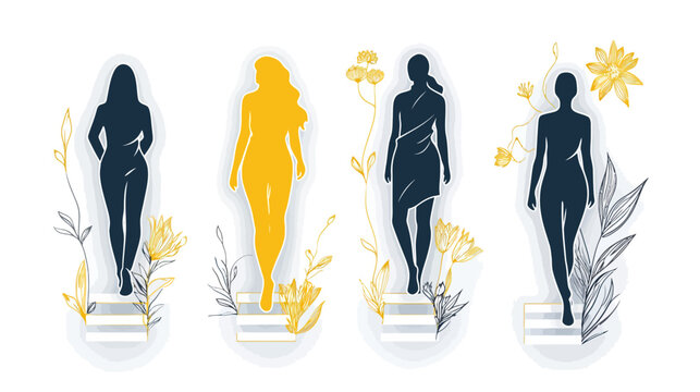 Silhouette figures walking on stairs surrounded by watercolor flowers and leaves, abstract illustration