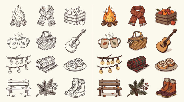 Collection of cozy autumn and winter icons, perfect for seasonal designs and illustrations.