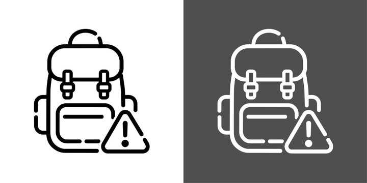 非常用リュックと警告マークのモノクロ線画アイコン