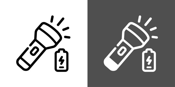 懐中電灯と電池のモノクロ線画アイコン