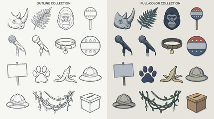 Collection of Outline and Full-Color Icons Featuring Safari and Jungle Elements. © renender