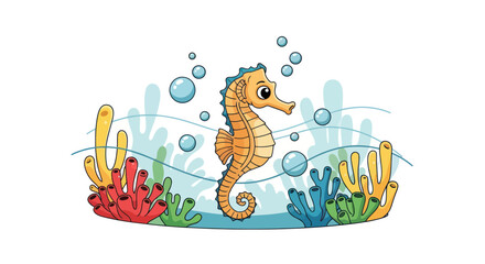 Cute cartoon seahorse swimming among colorful coral and bubbles © heru