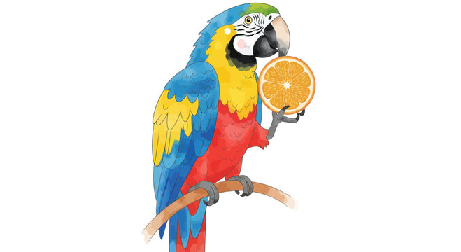 Colorful Macaw Parrot Holding Orange Slice, Perched on Branch, White Background