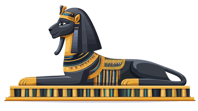Stylized black sphinx wearing gold-blue regalia atop a ceremonial pedestal base