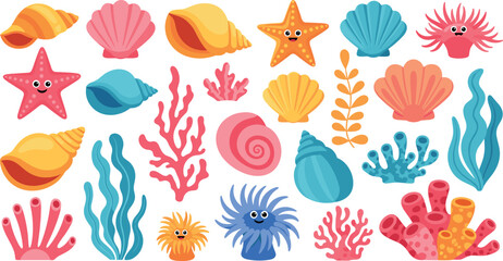“Playful cartoon sea life vector illustration featuring colorful shells, starfish, coral, seaweed, and smiling underwater creatures” © ISMOTARA