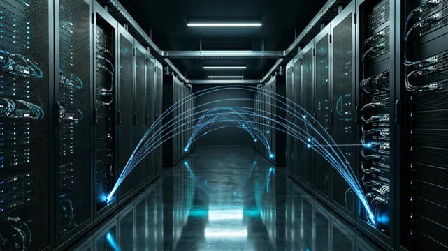 Data Center Server Room with Network Racks and Blue Digital Lights