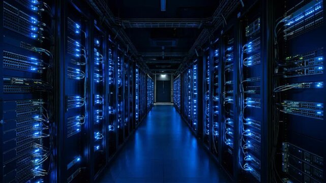 Data Center Server Room with Blue Network Lights and Rows of Rack Cabinets