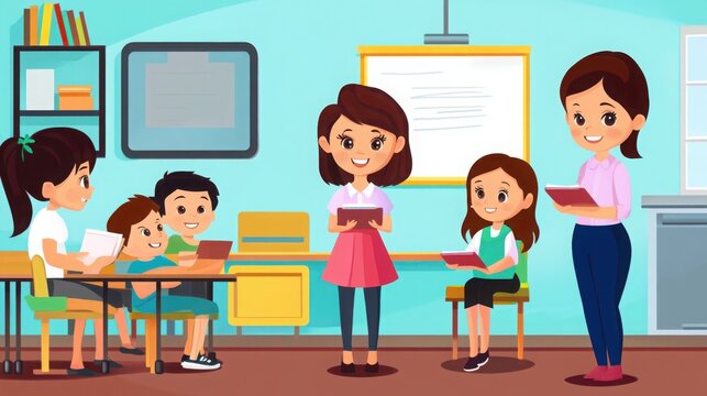 Happy housewife attending school parent teacher meeting with children and teacher in classroom setting