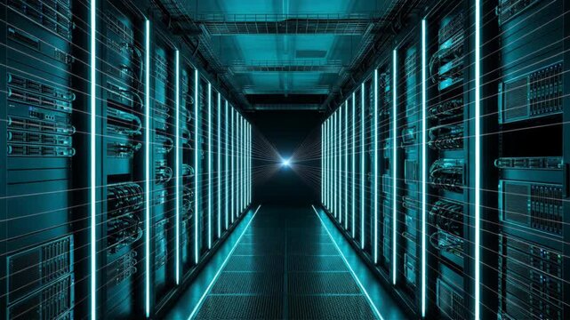Data Center Corridor with Server Racks and Blue Neon Lighting