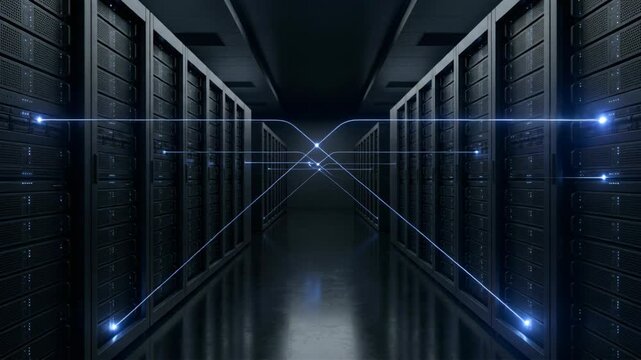 Data Center Corridor with Server Racks and Blue Network Lights