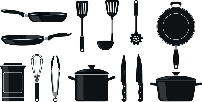 &ldquo;Silhouette vector illustration of kitchen utensils and cookware including frying pans, spatulas, ladle, whisk, knives, and cooking pots&rdquo;