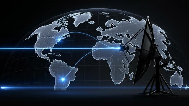 Satellite Dish Transmitting Blue Signal Beam in Dark Space