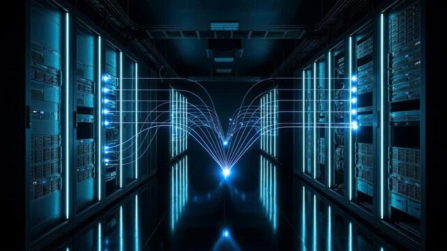 Data Center Corridor with Server Racks and Blue Neon Lighting