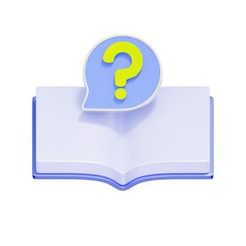 3D illustration of an open book with a question mark speech bubble for knowledge base, help center, user manual, FAQ section, and customer education.