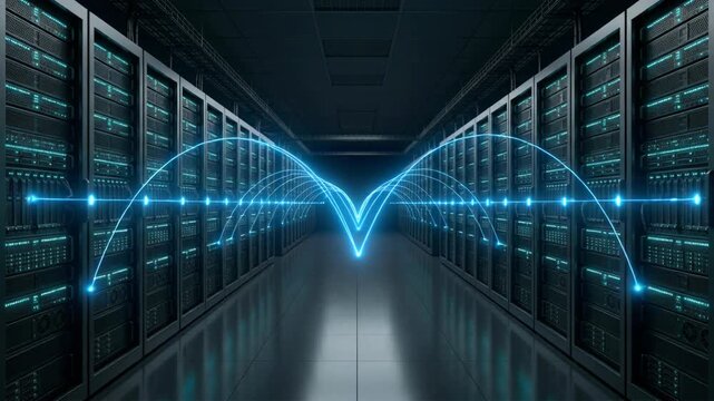 Data Center Server Room with Network Connection Light Trails