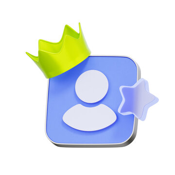 3D illustration of a user profile card with a crown and star for VIP membership, customer loyalty programs, premium accounts, top fan recognition, and user ratings.